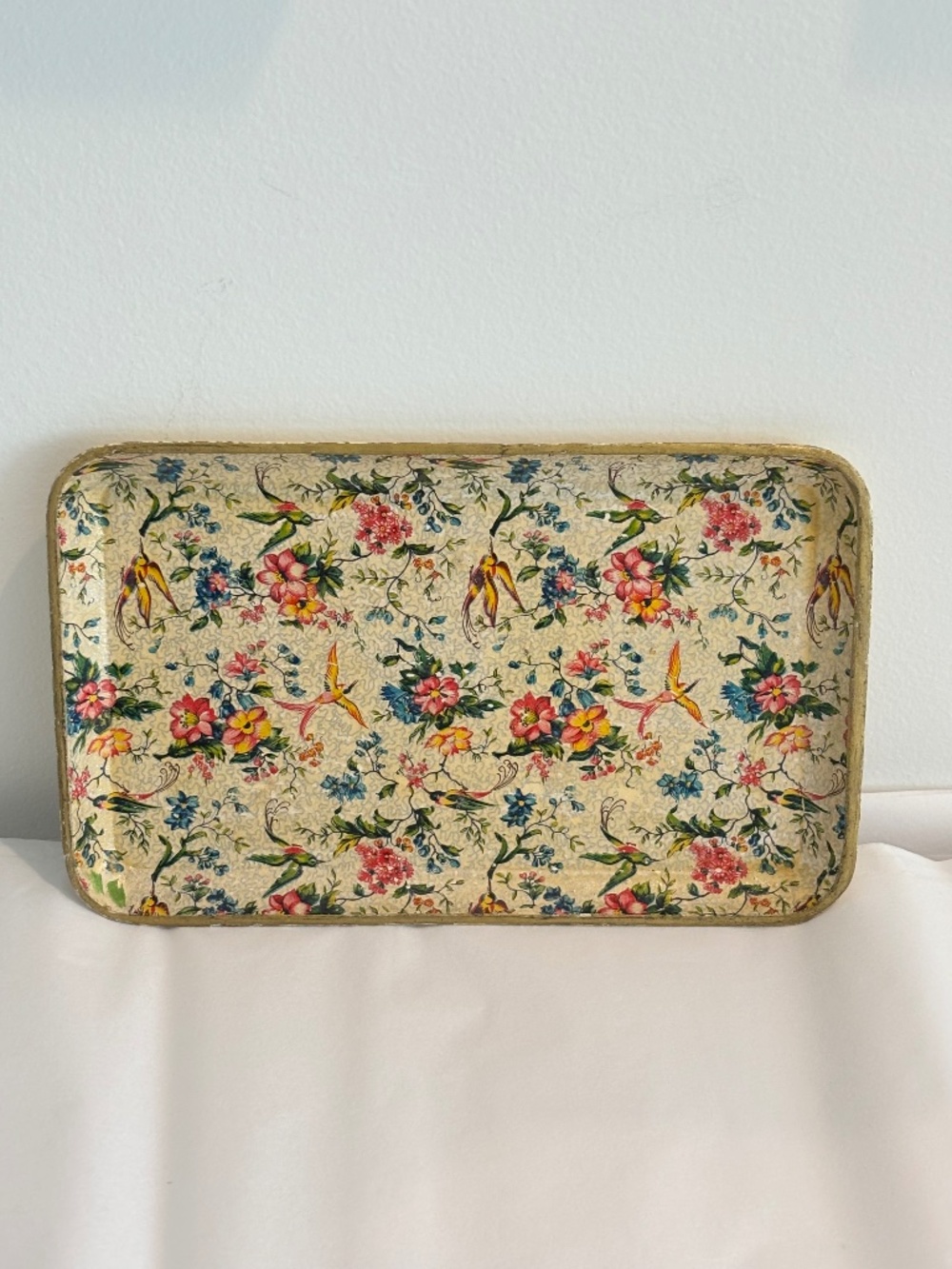 Vintage mid century floral paper mache tray vanity decor birds & flowers design